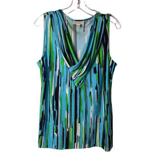 Dana Buchman blue green black white stripe v neck sleeveless top